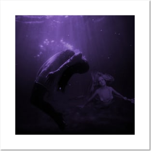 Mermaid Saves Drowning Victim in Purple Underwater Scene Posters and Art